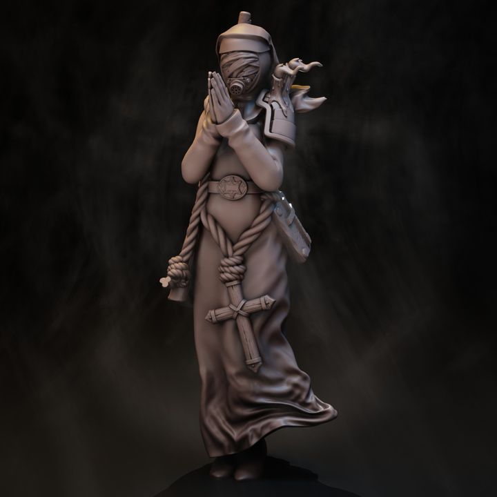 Front view of the Sniper Priestess showing gas mask detail, sheriff star belt and cross tied at the robe