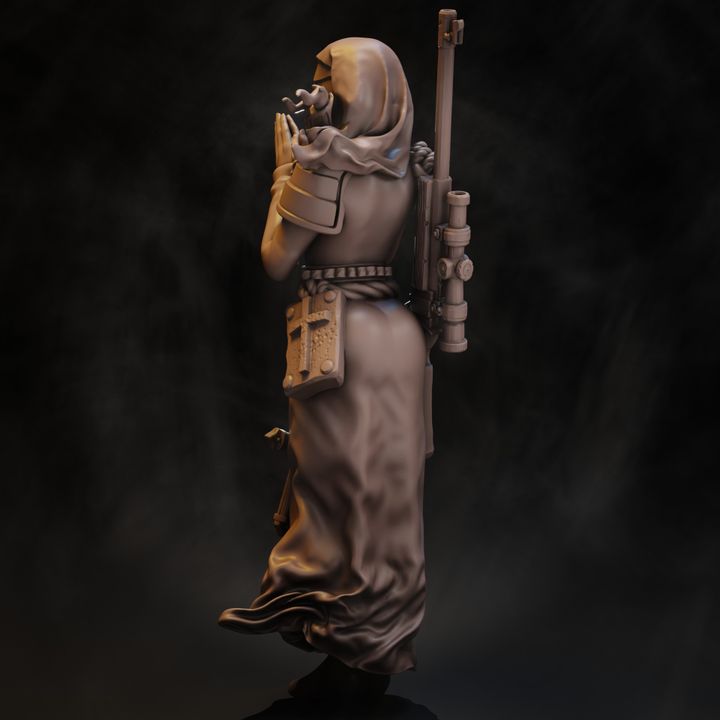 Rear three-quarter view showing scoped rifle on back, rope lashing and carved pouch detail