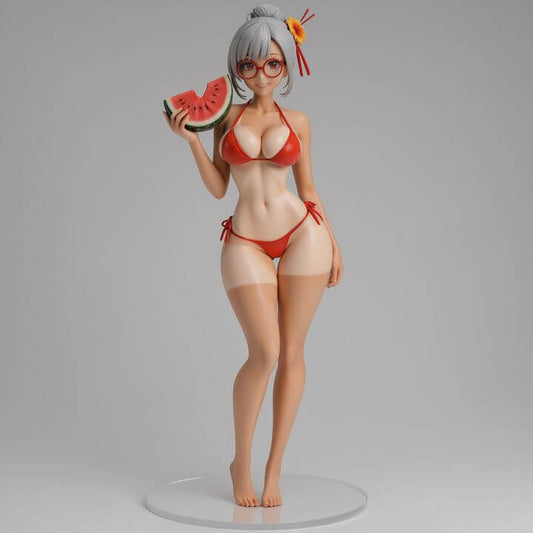 Pin Up Summer Researcher figure in bikini holding melon slice