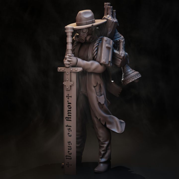 Rangers of the No Man's Land Trench Preacher resin miniature front view, gas mask, sword engraved Deus est Amor, tattered coat