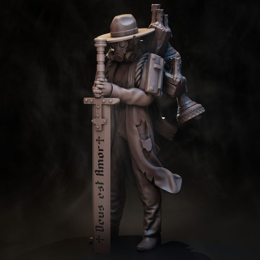 Rangers of the No Man's Land Trench Preacher resin miniature front view, gas mask, sword engraved Deus est Amor, tattered coat