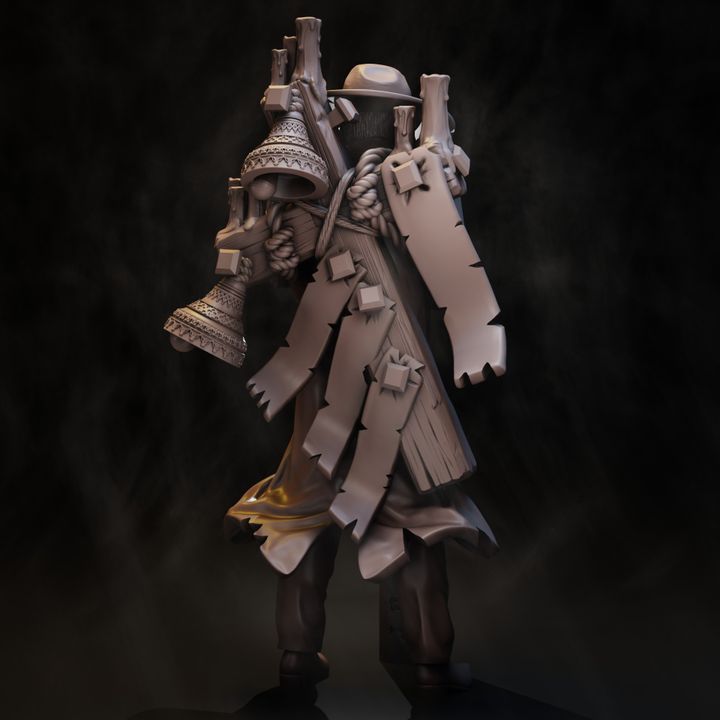 Rear view of Trench Preacher miniature showing ornate church bell, rope-lashed relic rack and torn coat detail