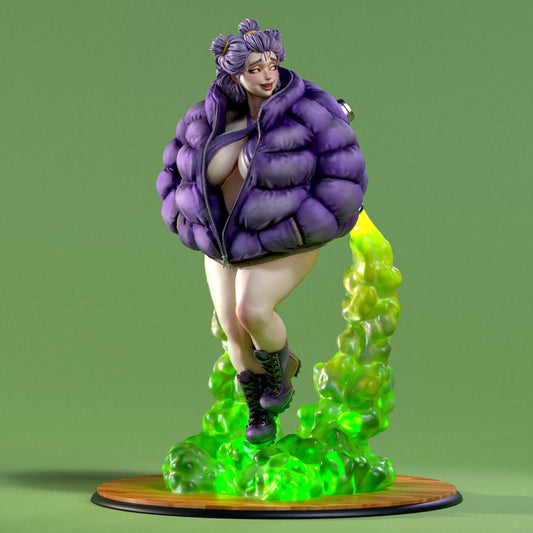 Waifumon Kofitia 160mm resin miniature front and rear views showing purple puffer jacket and toxic green base
