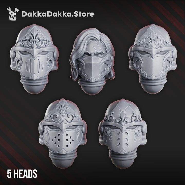 Five ornate knight helms with fleur-de-lis scrollwork and one bare female head, grey resin, front view