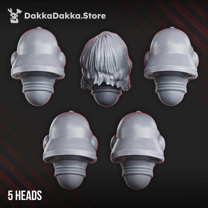 War Sisters Head Bits set of 5 showing 4 plain rounded helms and 1 unhelmed head with hair, grey resin