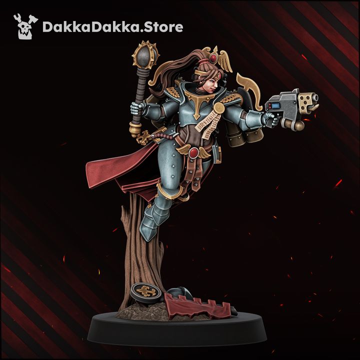 Victoria The Bronze Falconess painted resin miniature front view, blue-grey armour, gold trim, red cape and flanged mace raised