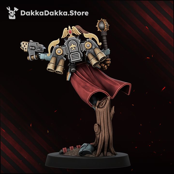 Rear view of painted miniature showing detailed backpack vents, gold wing crest, and sweeping red cape