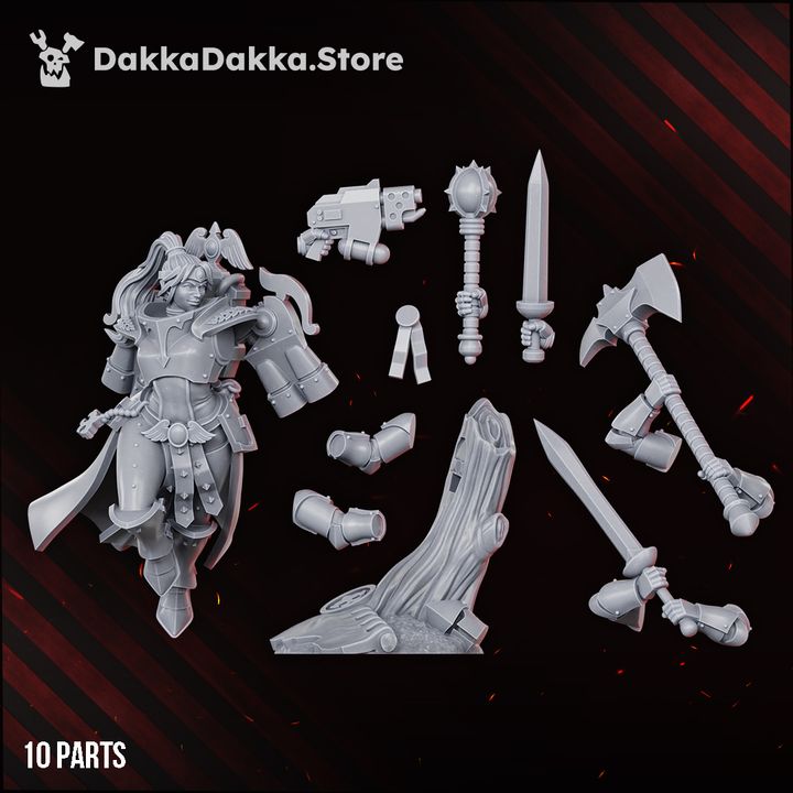 Unpainted grey resin parts layout showing all 10 components including weapon options: mace, swords, axe, and pistol arm
