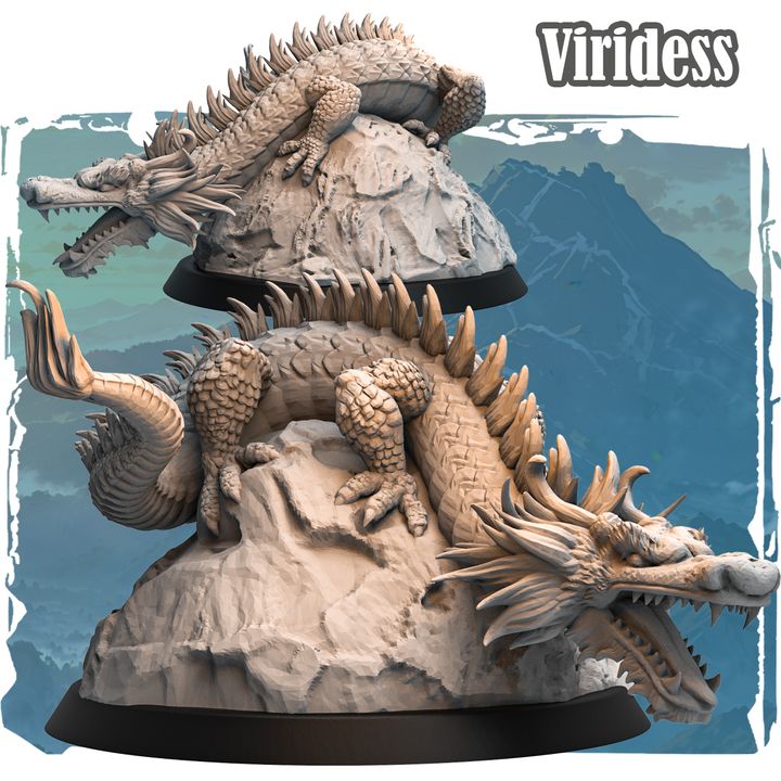 Forgotten Champions Viridess Chromatic Dragon monster miniature, multi-headed coiling dragon sculpt on rocky base, 80mm tall resin tabletop model by Haito