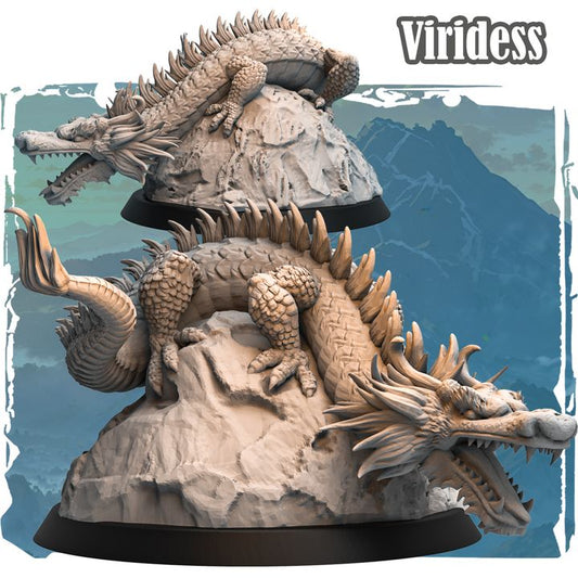 Forgotten Champions Viridess Chromatic Dragon monster miniature, multi-headed coiling dragon sculpt on rocky base, 80mm tall resin tabletop model by Haito