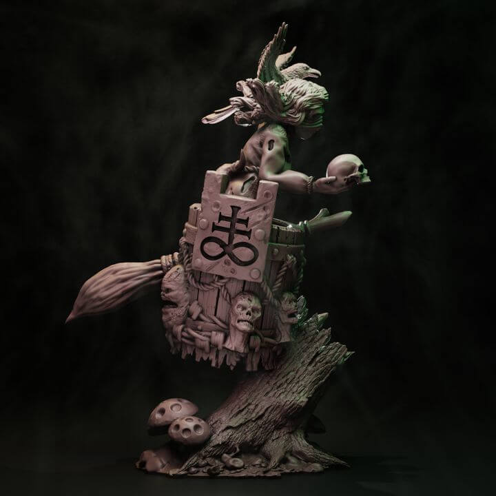Coven elder Yaga hag sorceress resin centrepiece miniature with eagle familiar, glowing skull, barrel throne and twisted forest scenic base