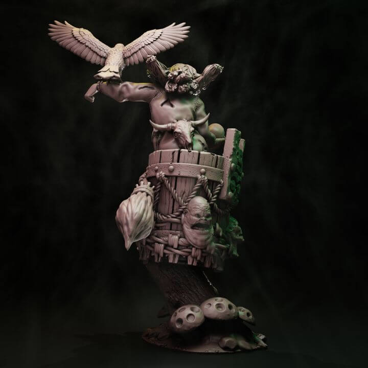 Coven elder Yaga hag sorceress resin centrepiece miniature with eagle familiar, glowing skull, barrel throne and twisted forest scenic base
