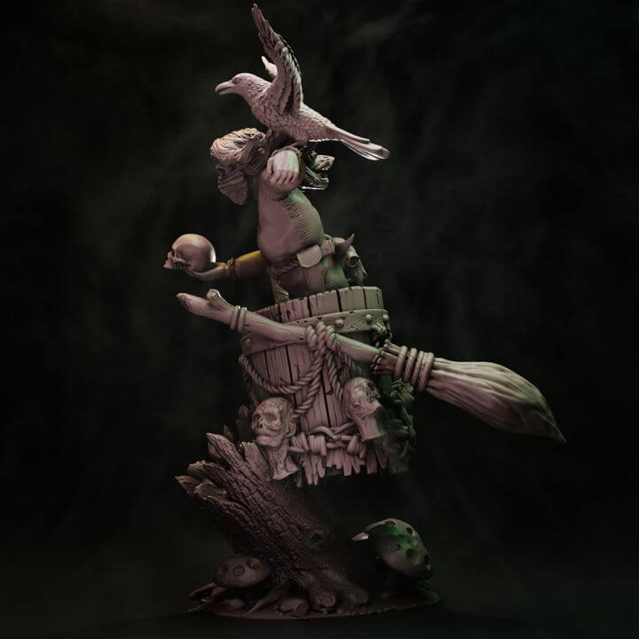 Coven elder Yaga hag sorceress resin centrepiece miniature with eagle familiar, glowing skull, barrel throne and twisted forest scenic base