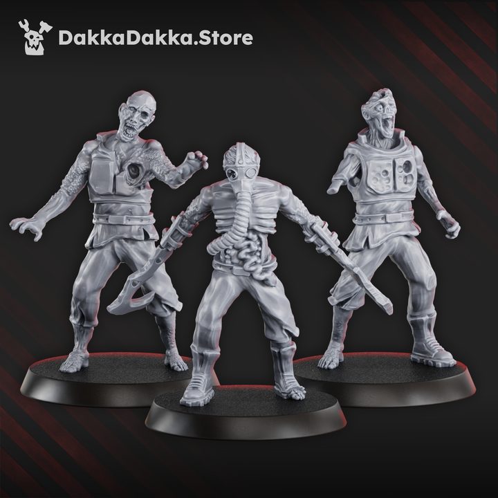 Pandemic Zombies Squad three hero models: rotting warrior, gas-masked figure with exposed viscera, and armoured zombie, 30mm resin.