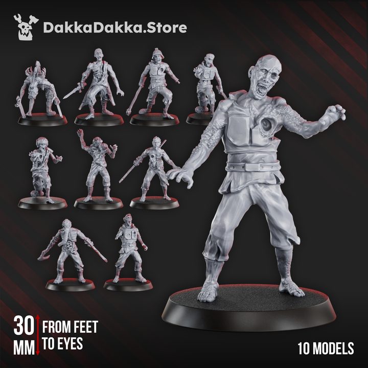 Full squad of ten Pandemic Zombies resin miniatures with size reference showing 30mm scale against a large foreground model.