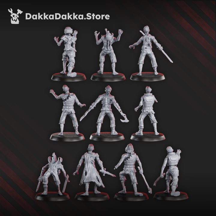 Nine miniatures from the squad shown front and rear, displaying varied poses including crawlers, swordsmen, and shambling undead.