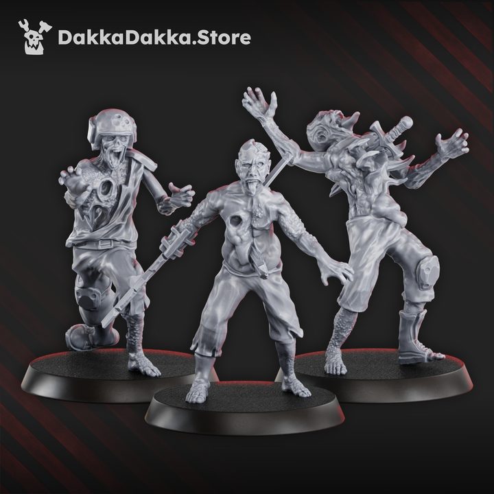 Three plague zombie miniatures: helmeted figure, gaunt shirtless undead, and mutated crawler with raised clawed arms.