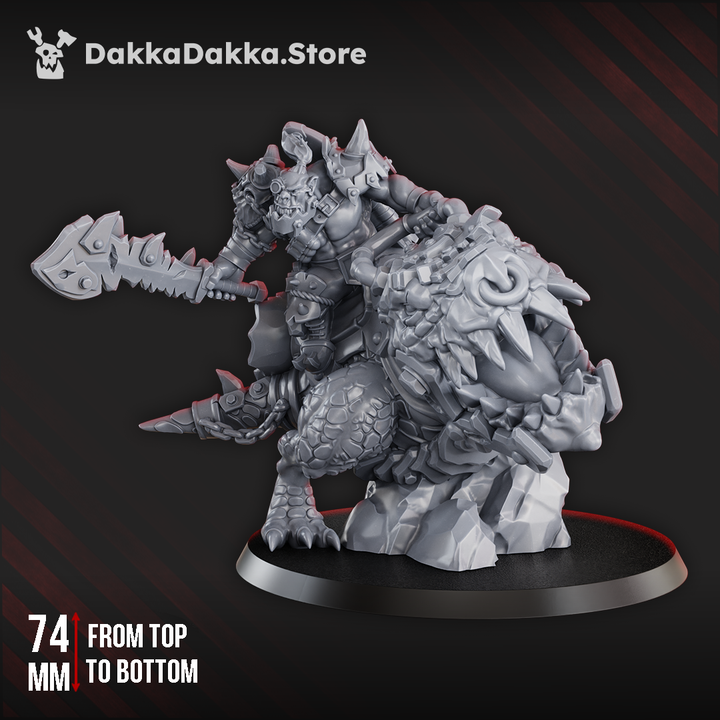 Arzott Da Toot boss ork miniature showcasing a warboss on a giant squig, highlighting its detailed design.