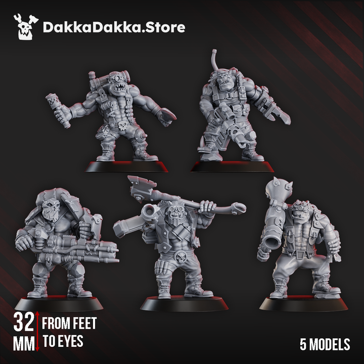 Blak Orks Mob One ork miniatures – Squad of 5 Resin Models showcasing unique characters and weapons.