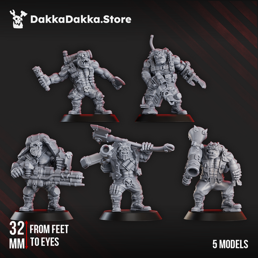 Blak Orks Mob One ork miniatures – Squad of 5 Resin Models showcasing unique characters and weapons.