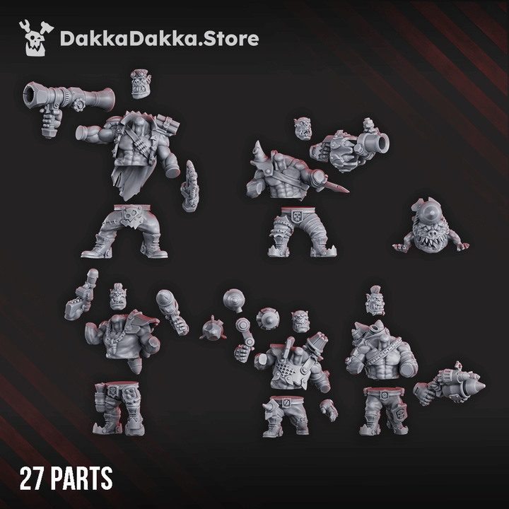 Six Bazooka Bruvvaz orc figures carrying large rocket launchers and explosive weapons, detailed with mechanical parts and goblin assistants, on round bases.
