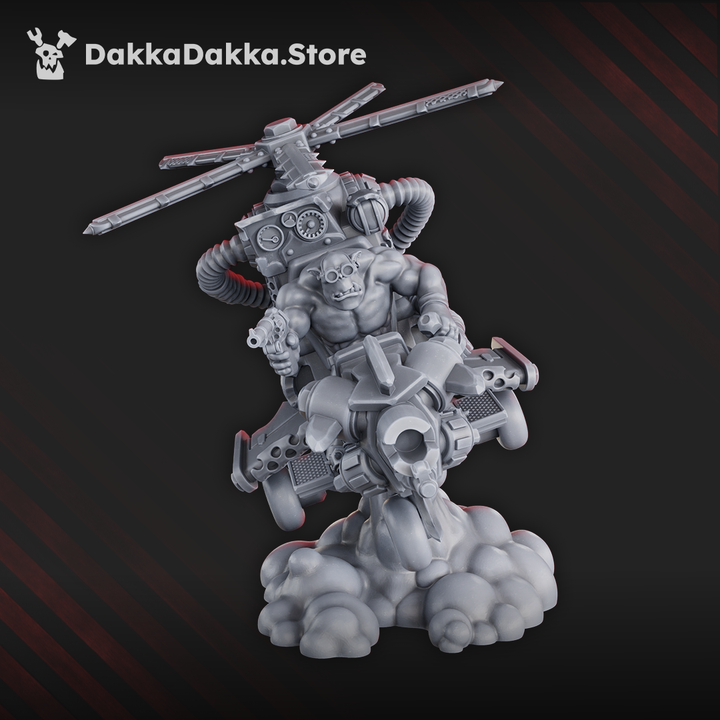 Resin kit of the Chonky Flyaz – a greenskin flying warband featuring a helicopter-like flyer, roaring engines, and a brutish pilot in dynamic pose.
