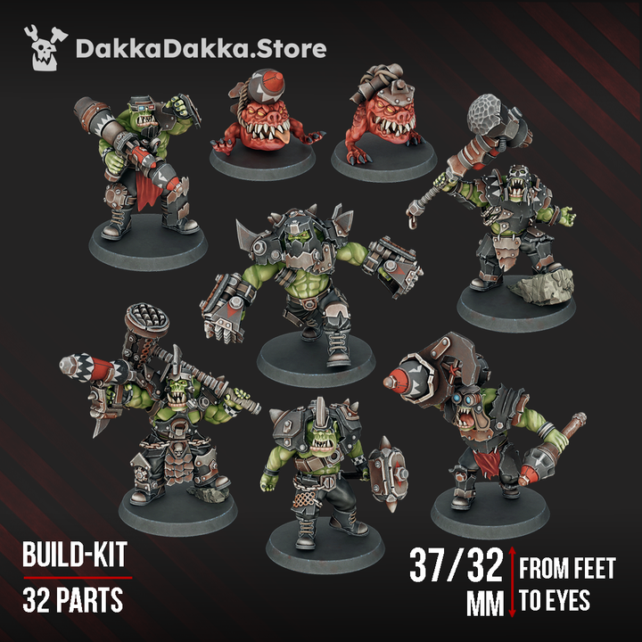 Painted Head Crackaz Mob – brutal ork warband with 32 parts, featuring armoured fighters, heavy weapons, and squig-like beasts for tabletop battles.
