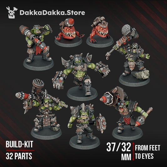 Painted Head Crackaz Mob – brutal ork warband with 32 parts, featuring armoured fighters, heavy weapons, and squig-like beasts for tabletop battles.