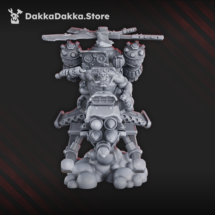 Resin kit of the Chonky Flyaz – a greenskin flying warband featuring a helicopter-like flyer, roaring engines, and a brutish pilot in dynamic pose.