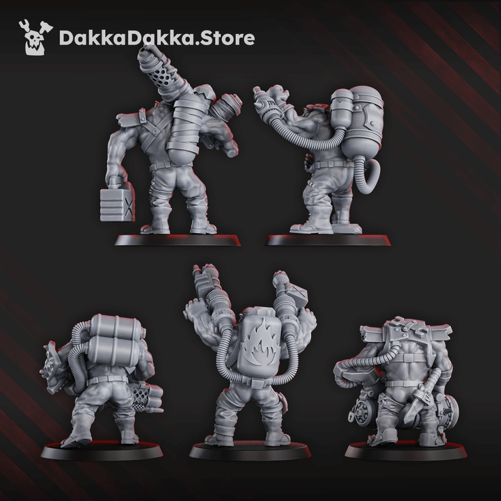 Five 32mm orc miniatures with heavy flamers and fuel tanks, detailed sci-fi armour, and dynamic poses on round bases.