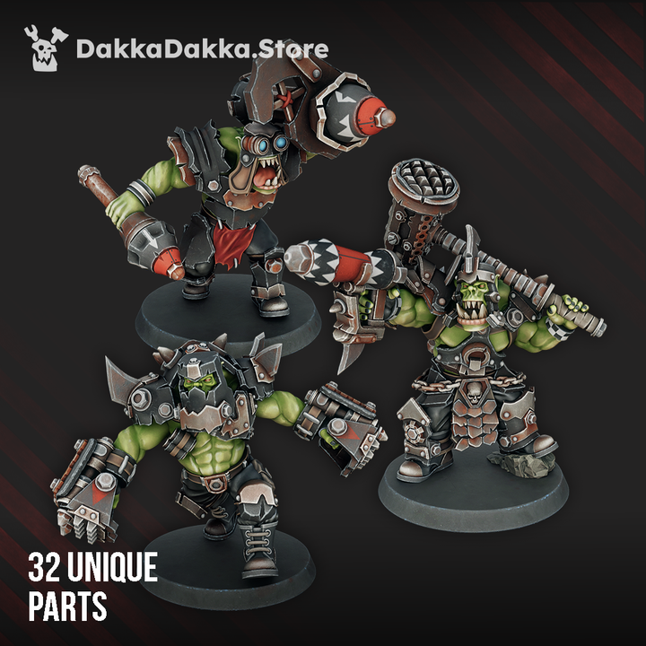 Painted Head Crackaz Mob – brutal ork warband with 32 parts, featuring armoured fighters, heavy weapons, and squig-like beasts for tabletop battles.