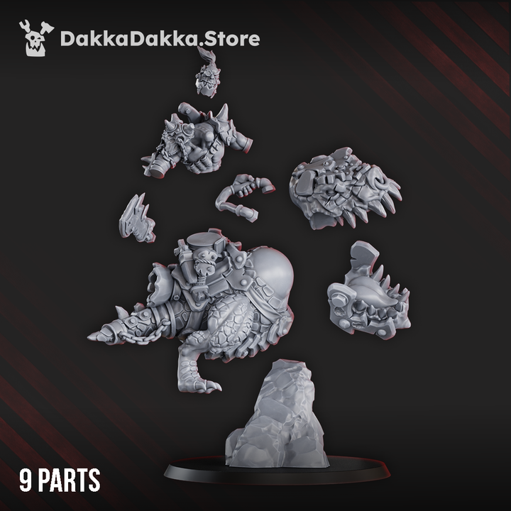Arzott Da Toot boss ork miniature showcasing a warboss on a giant squig, highlighting its detailed design.