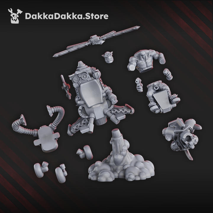 Resin kit of the Chonky Flyaz – a greenskin flying warband featuring a helicopter-like flyer, roaring engines, and a brutish pilot in dynamic pose.