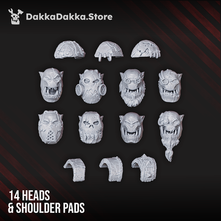 Ork Marauders (Build Kit) 32mm resin miniatures, 3 figures with 46 modular parts including weapons and heads