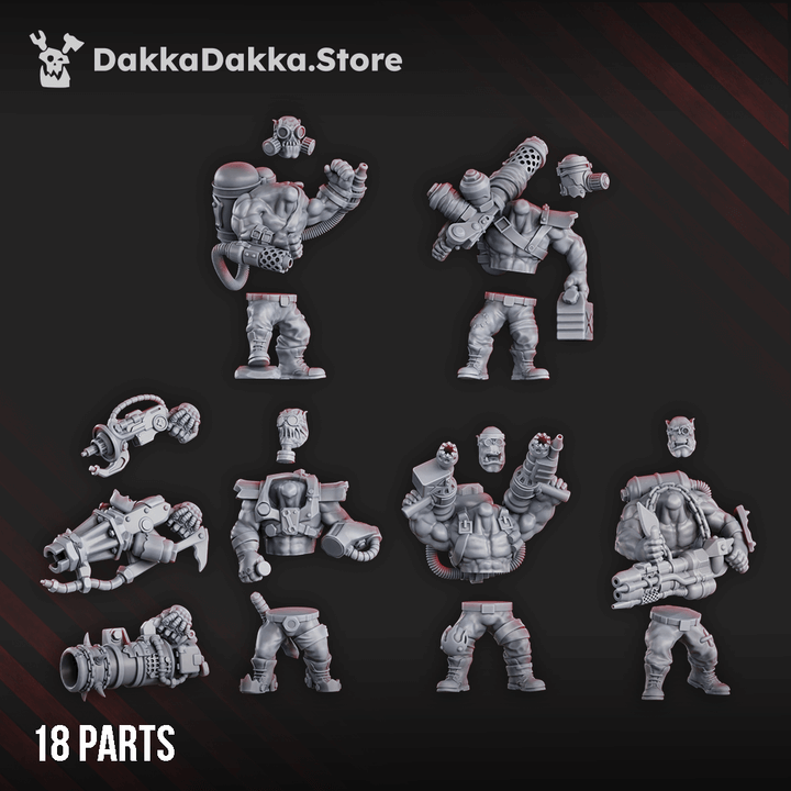 Five 32mm orc miniatures with heavy flamers and fuel tanks, detailed sci-fi armour, and dynamic poses on round bases.