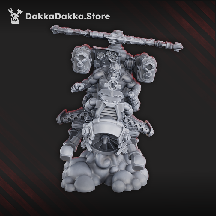 Resin kit of the Chonky Flyaz – a greenskin flying warband featuring a helicopter-like flyer, roaring engines, and a brutish pilot in dynamic pose.