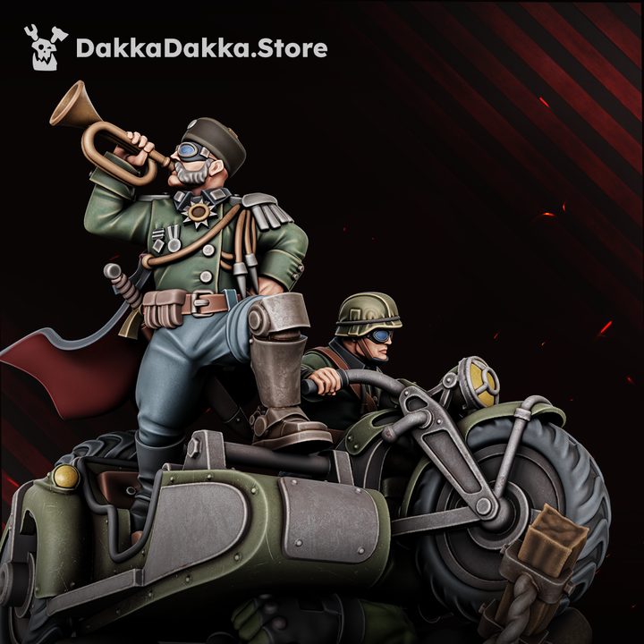 Kavallerie General Deines front view, General standing on motorcycle blowing bugle with rider below, 52mm resin miniature