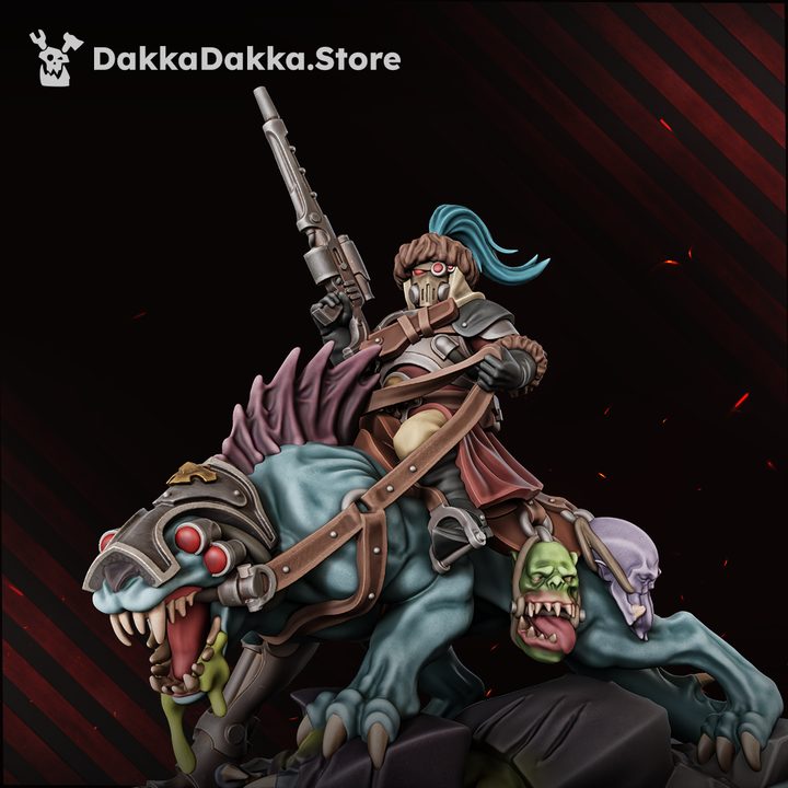 Agent-Hunter Orazkhan 65mm resin miniature, front view showing rider on multi-headed beast with long rifle raised