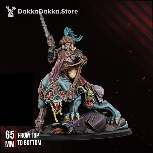 Full side view of mounted miniature on rubble base with size reference showing 65mm height
