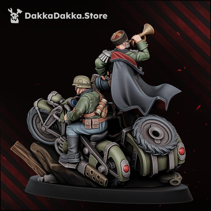 Rear view of the motorcycle duo showing the General's flowing grey cape and full bike chassis detail