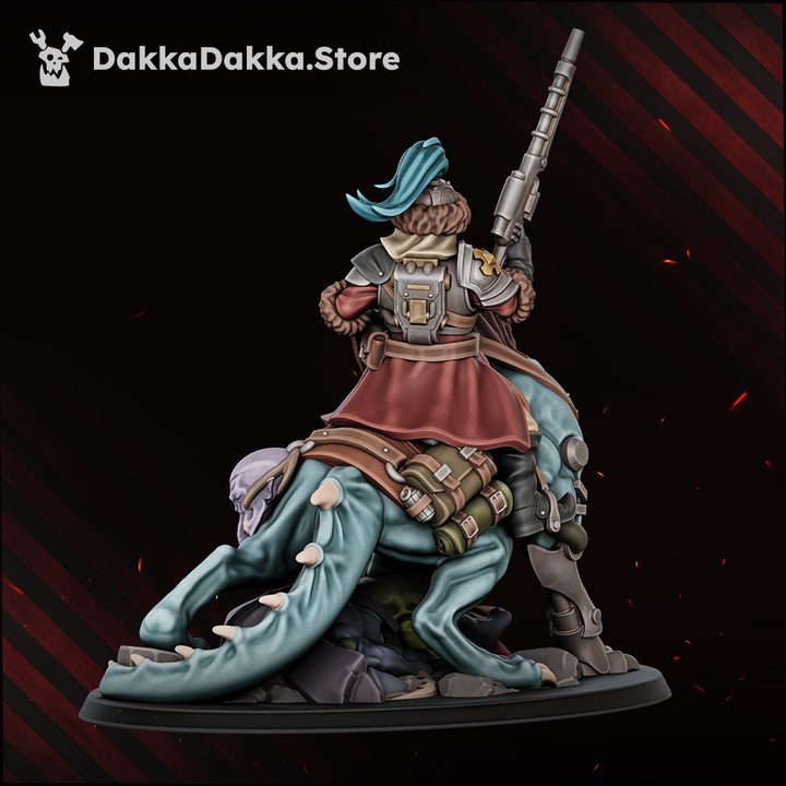 Rear view of mounted bounty hunter miniature showing backpack detail, rifle, red cape, and beast hide