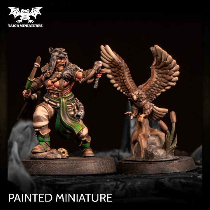 WarpLand miniature Beasthunter resin model by Taiga Miniatures, 31mm scale, shown painted and unpainted with 6 components including eagle companion