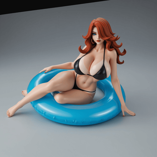 Pin Up Pool Pirate lounging figure in inflatable ring with long red hair