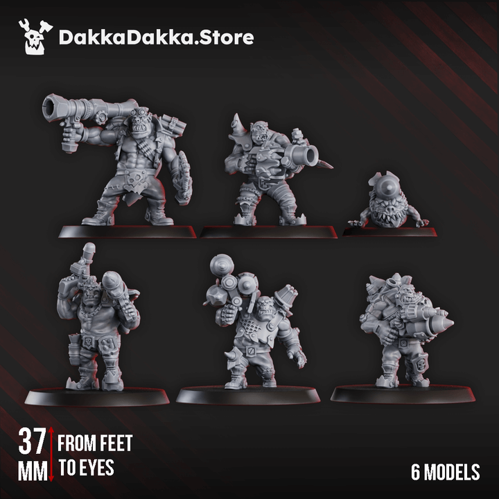 Six Bazooka Bruvvaz orc figures carrying large rocket launchers and explosive weapons, detailed with mechanical parts and goblin assistants, on round bases.