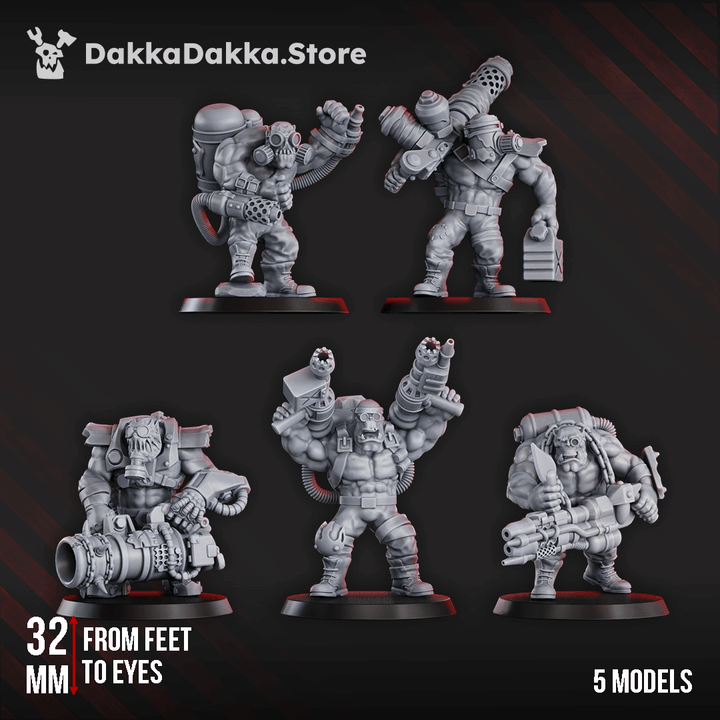 Five 32mm orc miniatures with heavy flamers and fuel tanks, detailed sci-fi armour, and dynamic poses on round bases.
