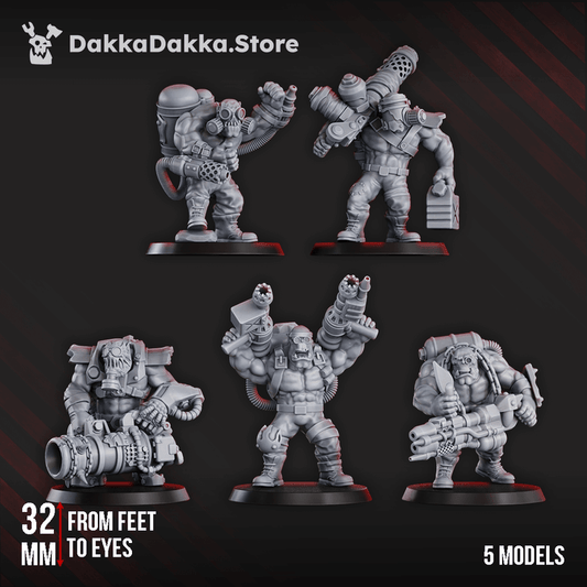 Five 32mm orc miniatures with heavy flamers and fuel tanks, detailed sci-fi armour, and dynamic poses on round bases.