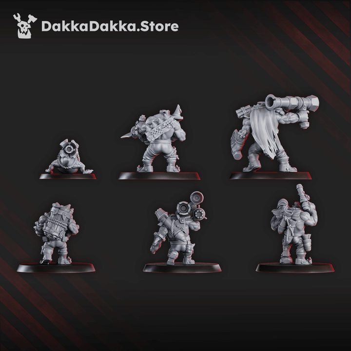 Six Bazooka Bruvvaz orc figures carrying large rocket launchers and explosive weapons, detailed with mechanical parts and goblin assistants, on round bases.