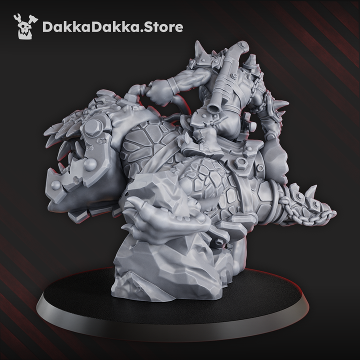 Arzott Da Toot boss ork miniature showcasing a warboss on a giant squig, highlighting its detailed design.