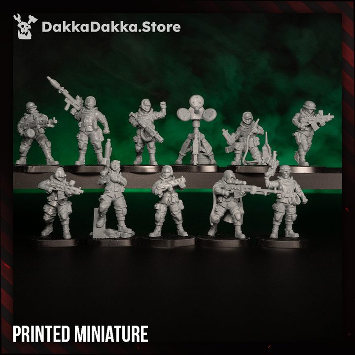 The Alcat Rats Veterans Brigade full squad of five painted resin miniatures with sprue parts shown above, 29mm scale