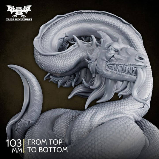 WarpLand miniature Wurm resin model by Taiga Miniatures, a colossal serpentine creature with open maw and coiled body, 103mm tall, 8 parts, unpainted